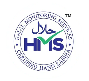 Circular Halal Monitoring Services logo: HMS in blue with a green check, surrounded by 'HALAL MONITORING SERVICES' and 'CERTIFIED HAND ZABIHA'.