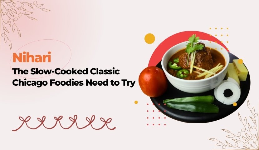 Hero image for an article titled 'Nihari' on a peach gradient background, featuring a white bowl of nihari with garnish on a black plate, accompanied by a tomato, onion ring, and green chilies.