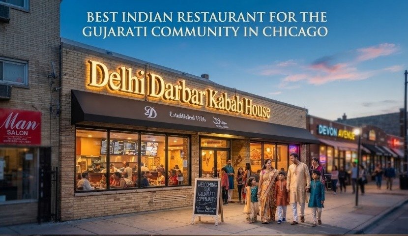 Front of Delhi Darbar Kabab House on Devon Avenue, Chicago, with diners inside and a line of people outside; banner proclaims 'Best Indian restaurant for the Gujarati community in Chicago'.